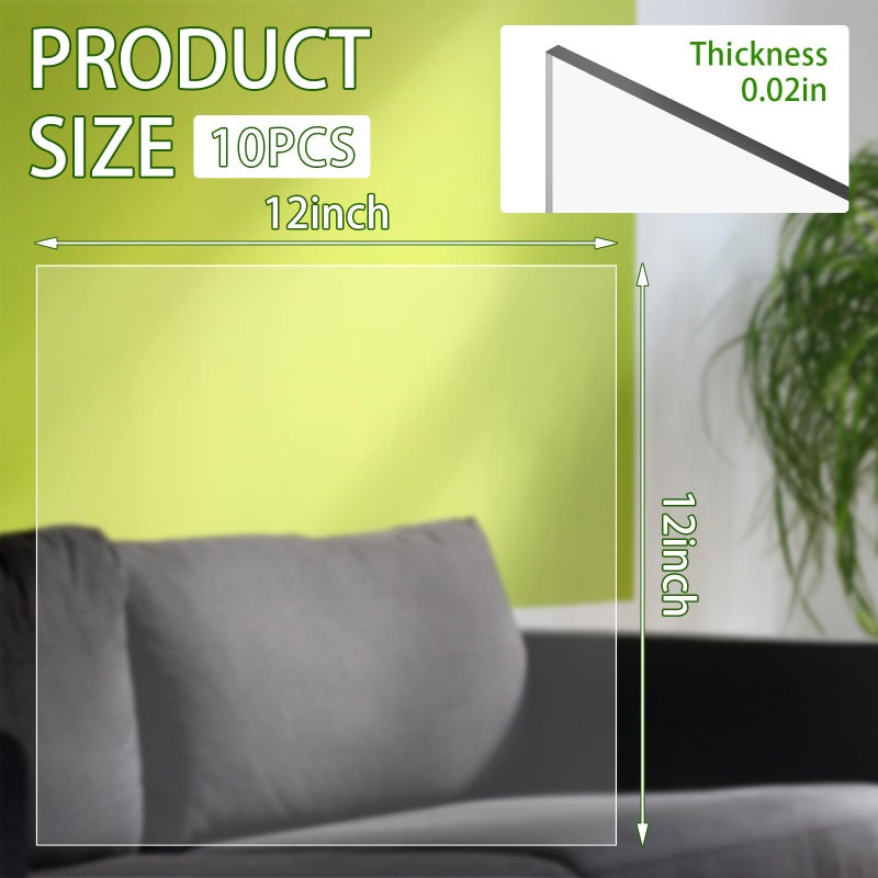 TKOnline 10 PCS Plexiglass Sheets, Clear PET Sheet Panels, Clear Acrylic Plastic Sheet for Picture Frame, Invitations, Poster Frames Plastic Board (10, 12"" x 12"", 0.5mm Thick) - Image 2